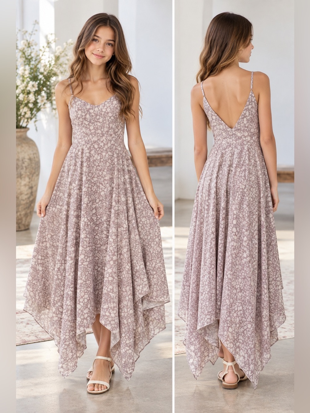 Mia Joy Athena XS Taupe Floral Handkerchief Hem Midi Dress Boho Cottagecore